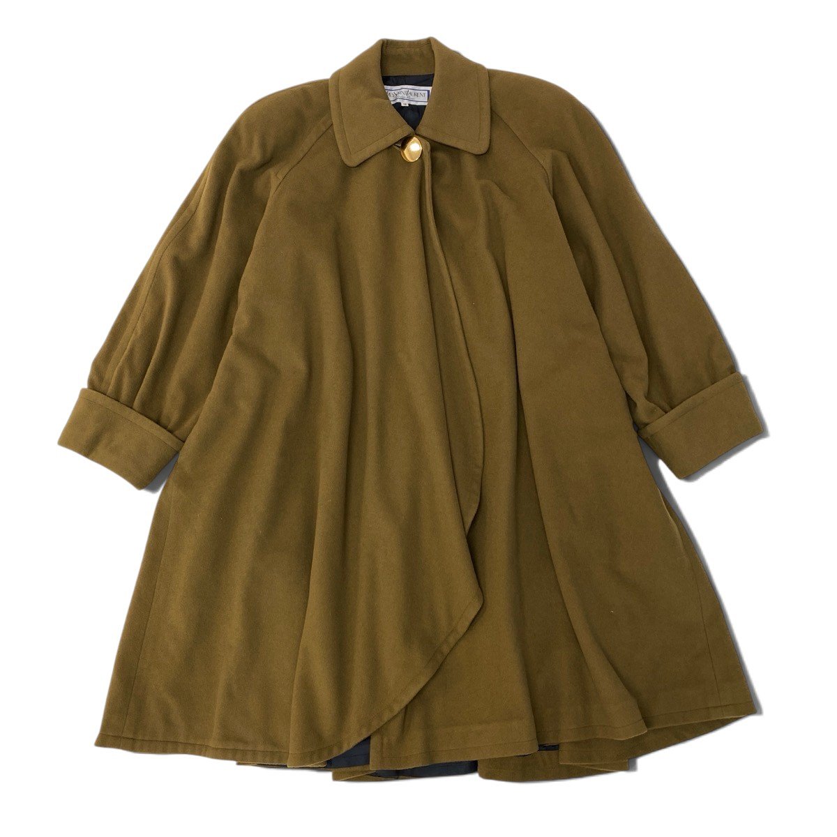 51i2 YVES SAINT LAURENT イヴサンローラン ステンカラーコート ロングコート 金ボタン サイズM グリーン系 ウール100％ レディースo07t
