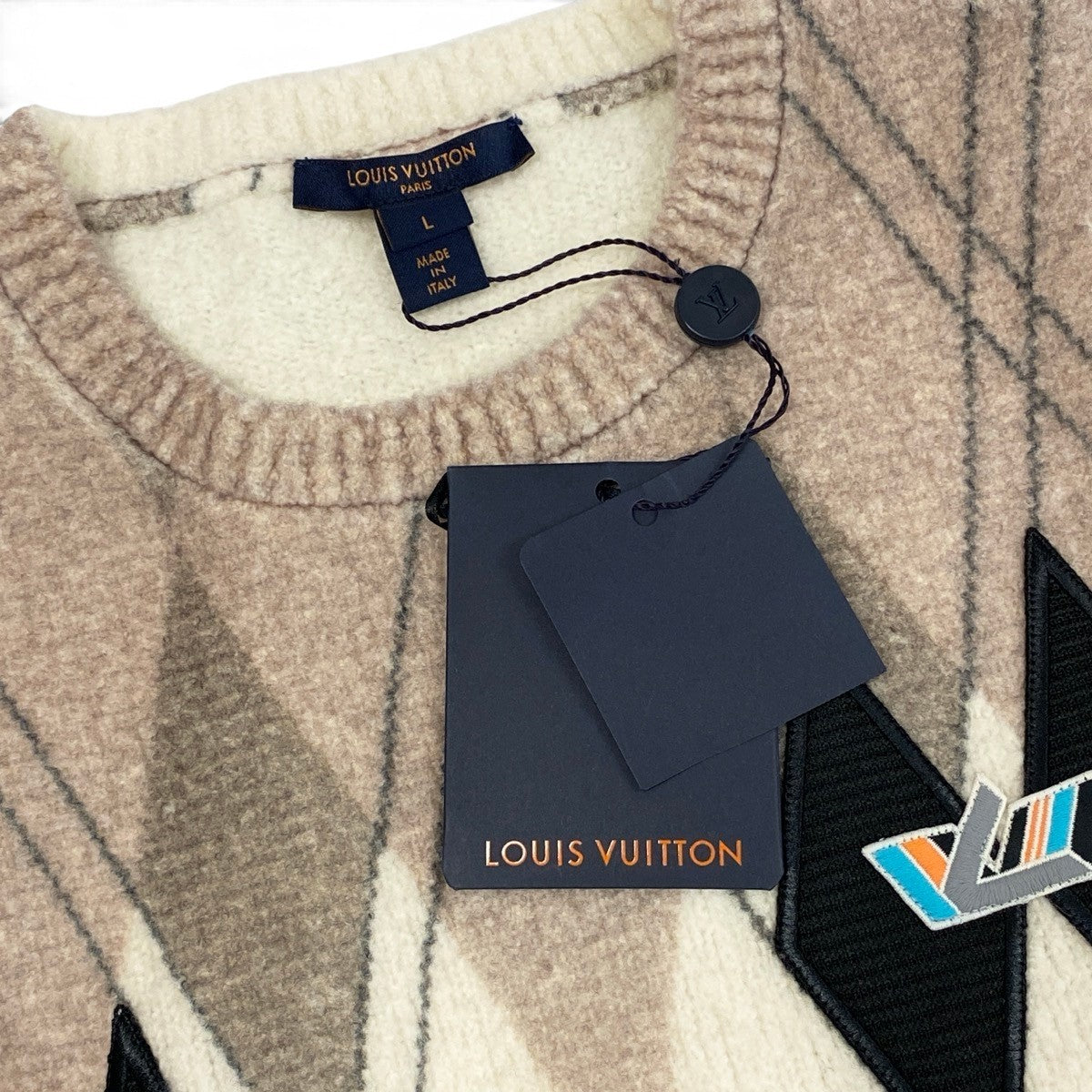 Ii3 【未使用タグ付】 LOUIS VUITTON ルイヴィトン アーガイルプリント ニットプルオーバー サイズL マルチカラー レディースk02i