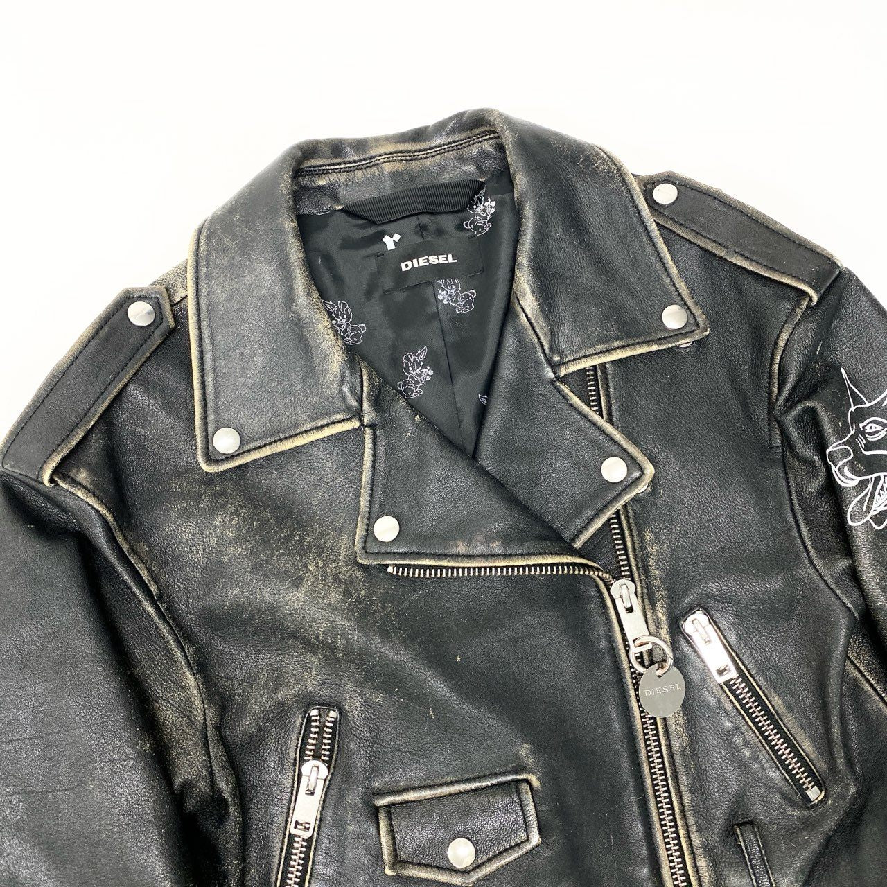 83c3 DIESEL ディーゼル ダブルライダースジャケット レザージャケット ダメージ加工 ペイント ワッペンデザイン XXSサイズ ブラック 羊革 レディース 女性用o07t