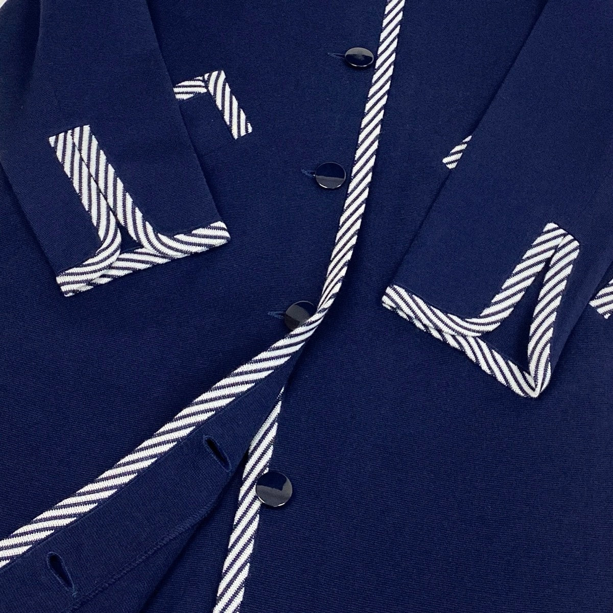 Eg11 YVES SAINT LAURENT イヴサンローラン ノーカラー ニットコート ストライプ柄 サイズL ネイビー レディースo07t
