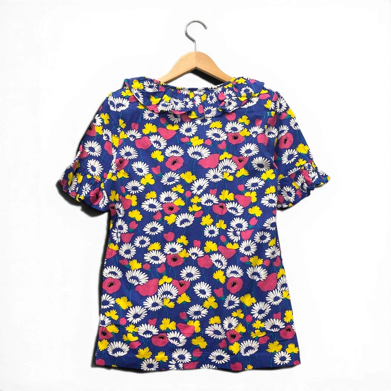 58g7 YVES SAINT LAURENT イヴサンローラン フラワープリント Tシャツ 半袖カットソー フリルネック サイズM ブルー コットン100％ レディースo07t