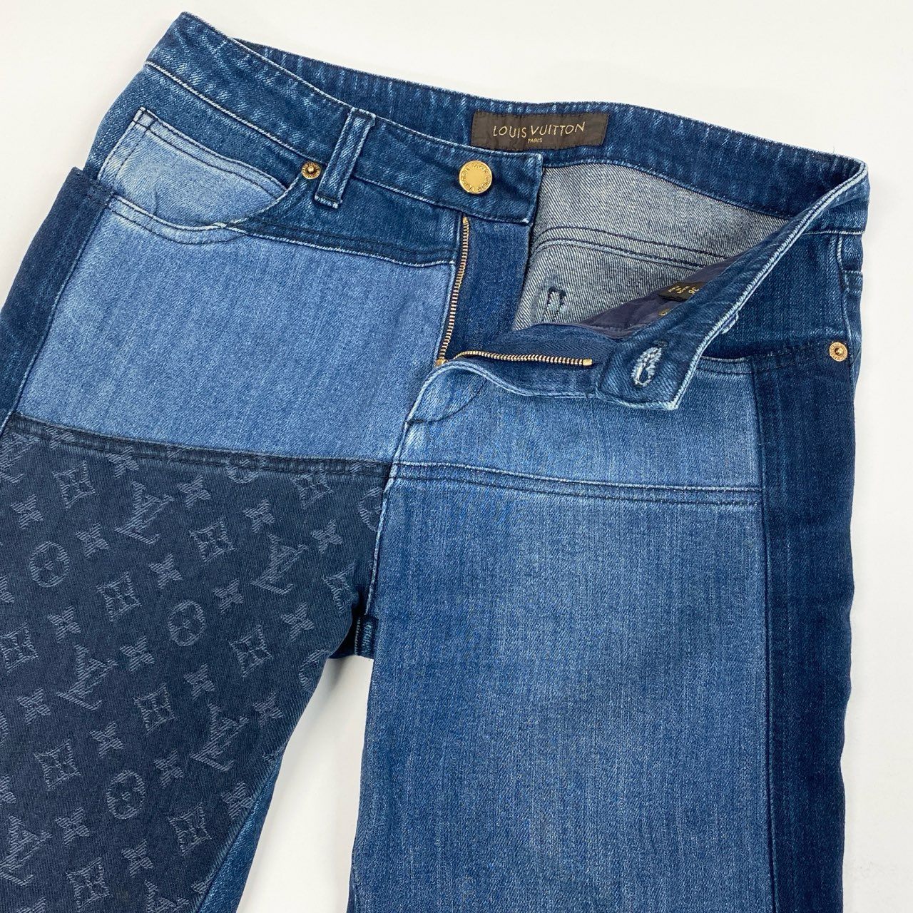 1a15 LOUIS VUITTON ルイヴィトン モノグラム切替 クロップドデニムパンツ ジーンズ サイズ36 インディゴ レディース ボトムta1
