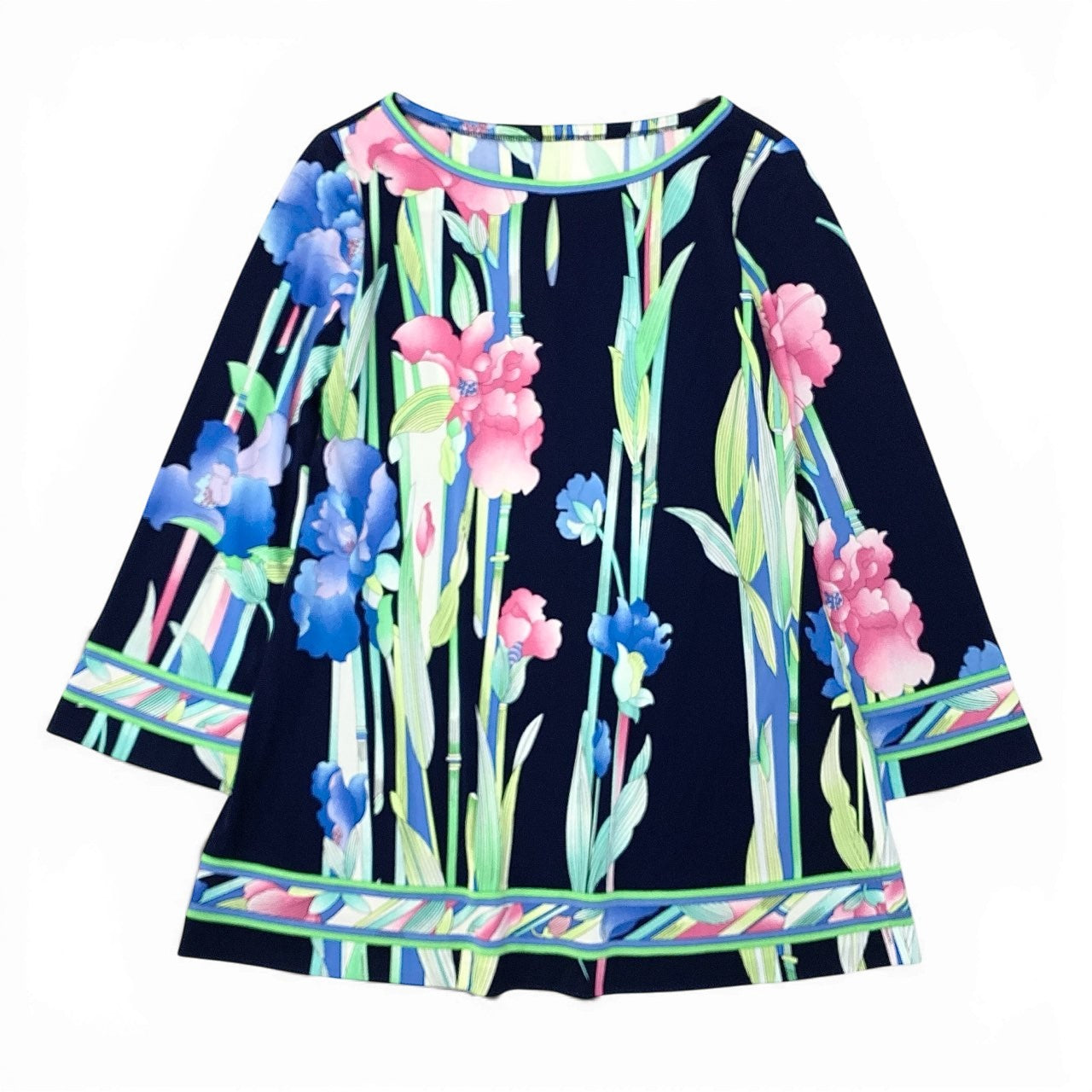 72a28 LEONARD レオナール 長袖カットソー チュニック カンカン素材 美しい花柄プリント 38サイズ マルチカラー レディース 女性用o07t