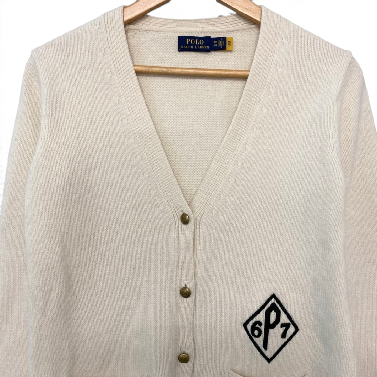 61i14 POLO RALPH LAUREN ポロラルフローレン ニットカーディガン ロゴ刺繍 ゴールドボタン XXSサイズ アイボリー ウール100％ レディース 女性用u02t