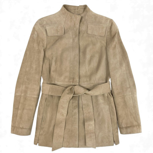 69L17 AKRIS アクリス スウェードジャケット レザージャケット ウエストベルト アウター 40サイズ ベージュ レディースu02t