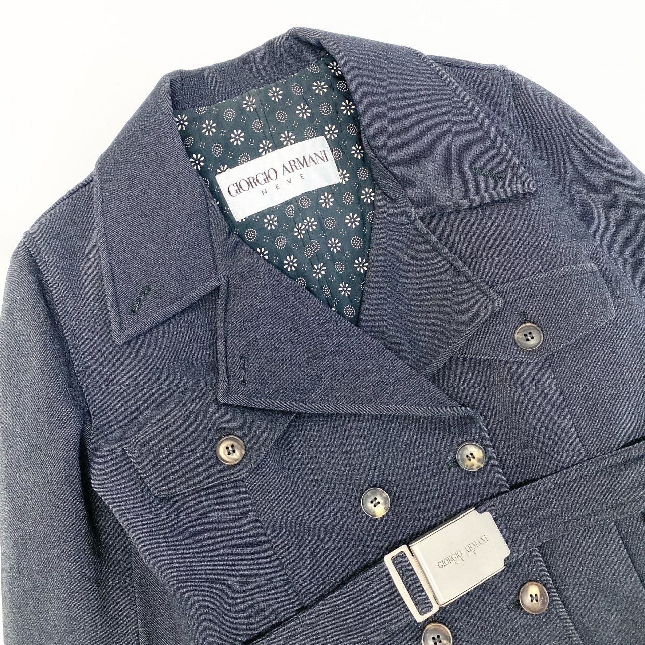 63a28 GIORGIO ARMANI ジョルジオアルマーニ ダブルブレストピーコート ジャケット アウター ウエストベルト 42サイズ ダークネイビー レディースo07t