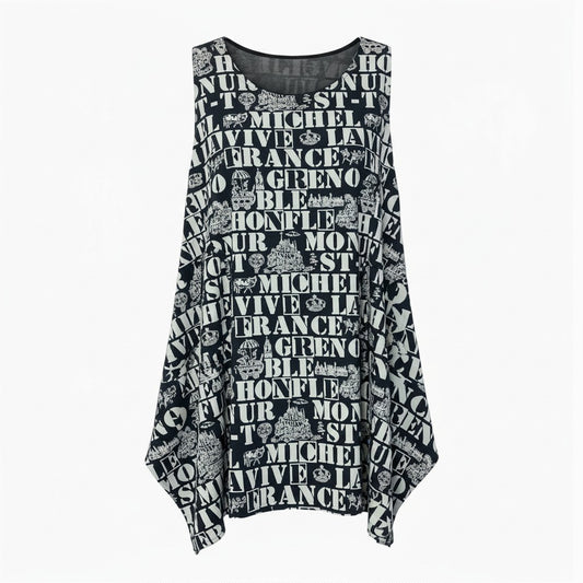 64a27 TOKUKO 1er VOL トクコプルミエヴォル 25周年記念モデル Aライン ノースリーブワンピース 総柄プリント ストレッチ素材 9 ブラック レディース 女性用u02t