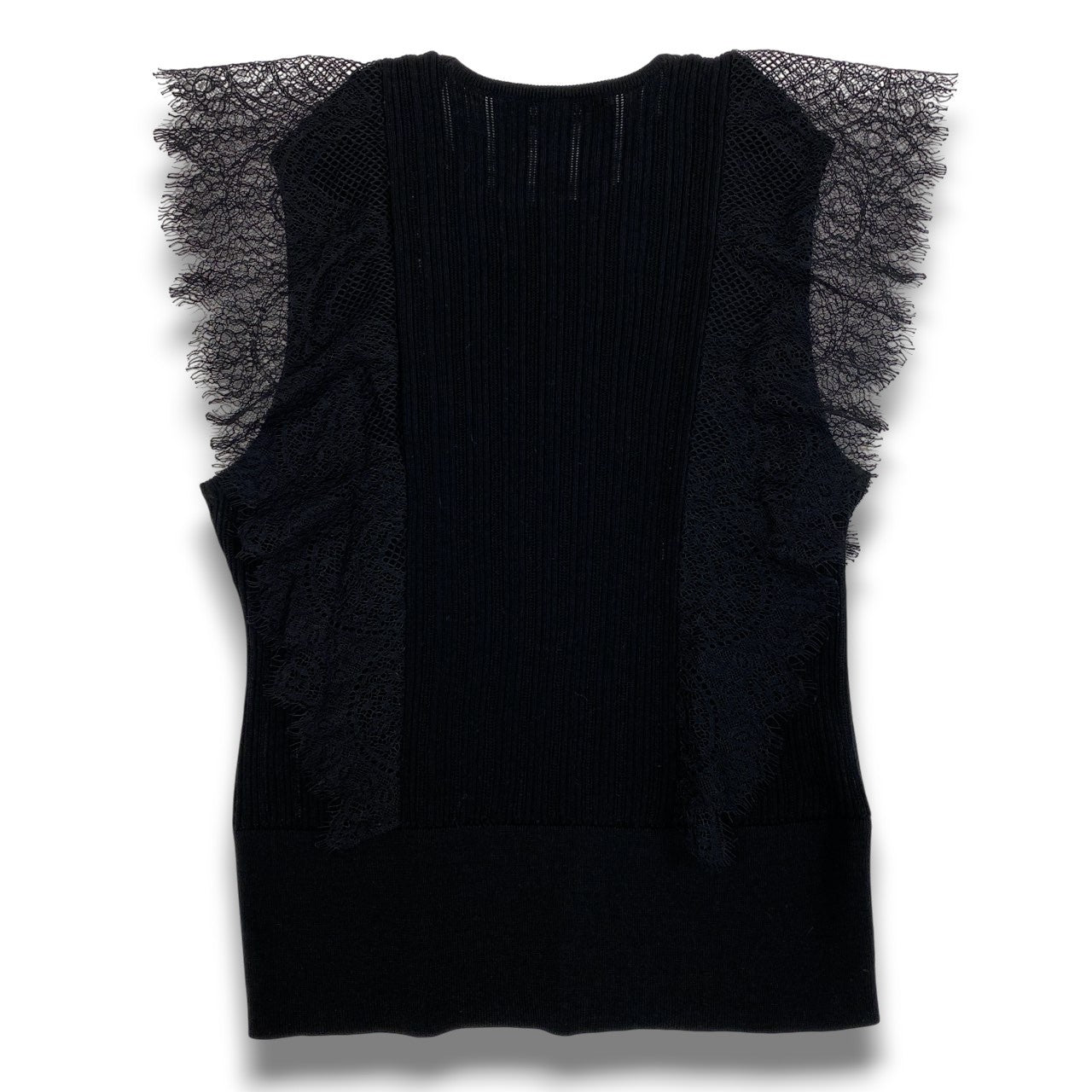 Ab22 VALENTINO ヴァレンティノ ノースリーブ ニットカットソー リブニット レース装飾 レディース 女性服 イタリア製 M ブラック ウール100％u02t