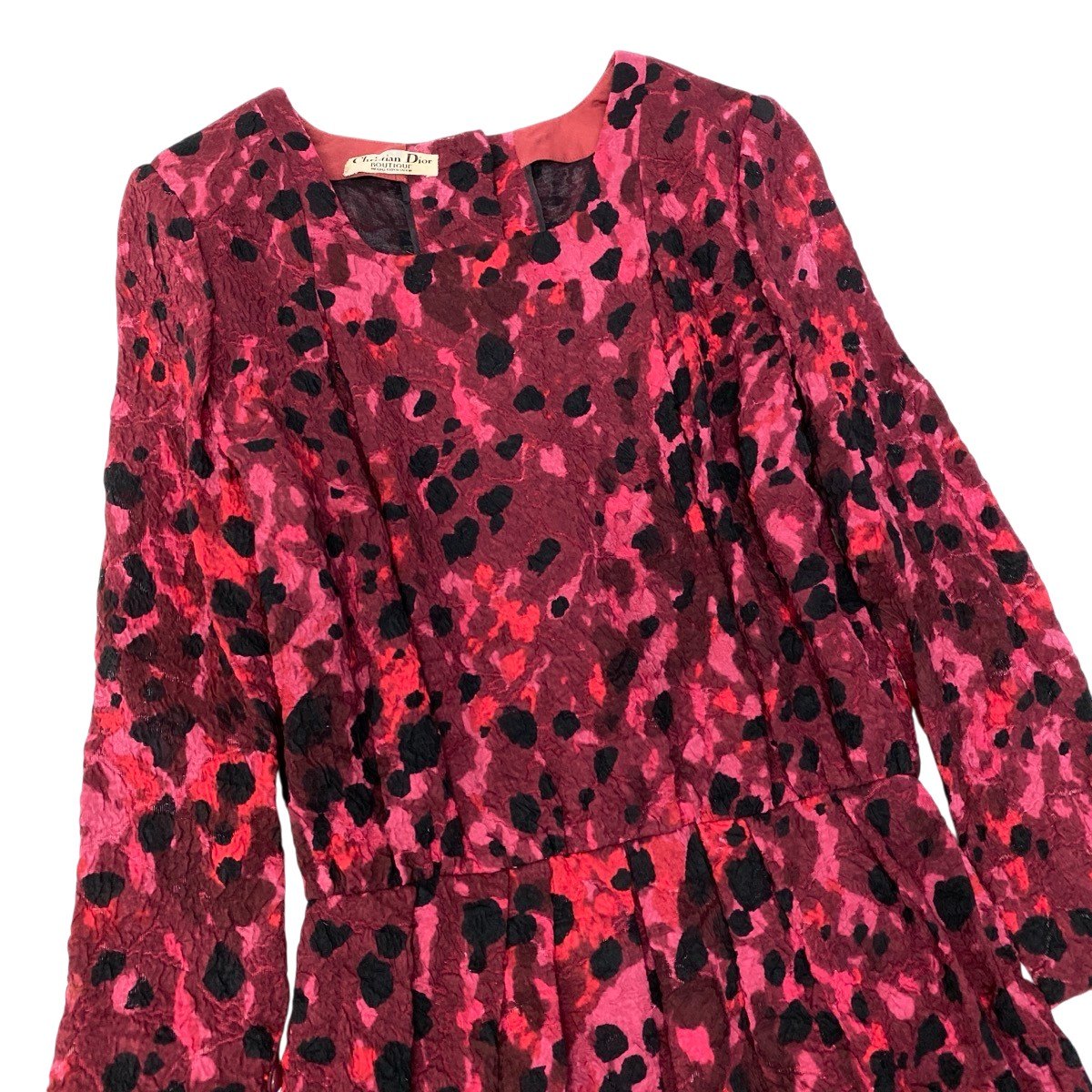 31h18 Christian Dior クリスチャンディオール 長袖ロングワンピース 総柄 バックボタン フレアスカート シルクワンピース レッド ブラック レディース 女性用o07t