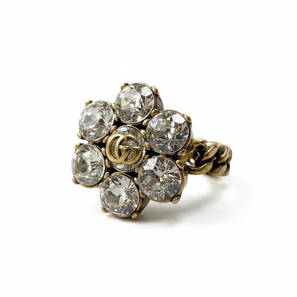 i7 GUCCI グッチ クリスタルフラワー GGマーモント ゴールドリング GG Marmont Crystal Flower Gold Ring 11.5号 指輪t18r