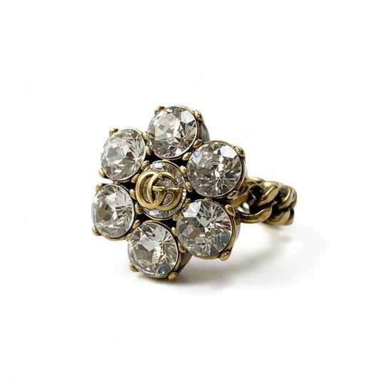 i7 GUCCI グッチ クリスタルフラワー GGマーモント ゴールドリング GG Marmont Crystal Flower Gold Ring 11.5号 指輪t18r