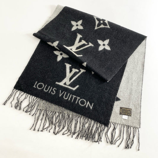 h30-3 スコットランド製 LOUIS VUITTON ルイヴィトン モノグラム 総カシミア マフラー ストール 小物 グレー×ブラック カシミヤ100％