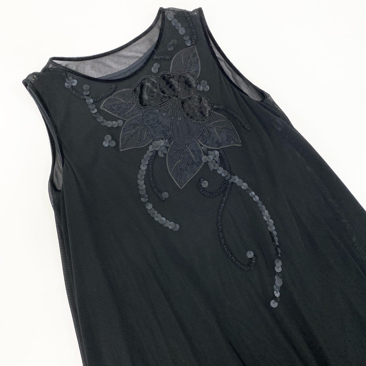 18k20《美品》 TOKUKO 1er VOL トクコプルミエヴォル ノースリーブワンピース  ドレスワンピース 花柄刺繡 スパンコール装飾 レディース 女性用 9 ブラックu02t