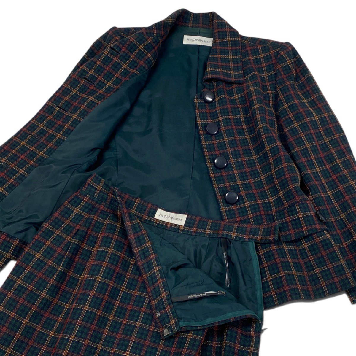 78j6 YVESAINTLAURENT イヴサンローラン セットアップ チェック柄 テーラードジャケット スカート 36サイズ グリーン系 レディース 女性用u02t