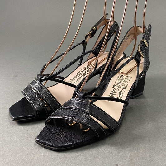 3f4 《極美品》定価¥90,300  Salvatore Ferragamo サルヴァトーレ フェラガモ レザーストラップ ヒールサンダル 6 1/2 ブラック leather シューズ イタリア製