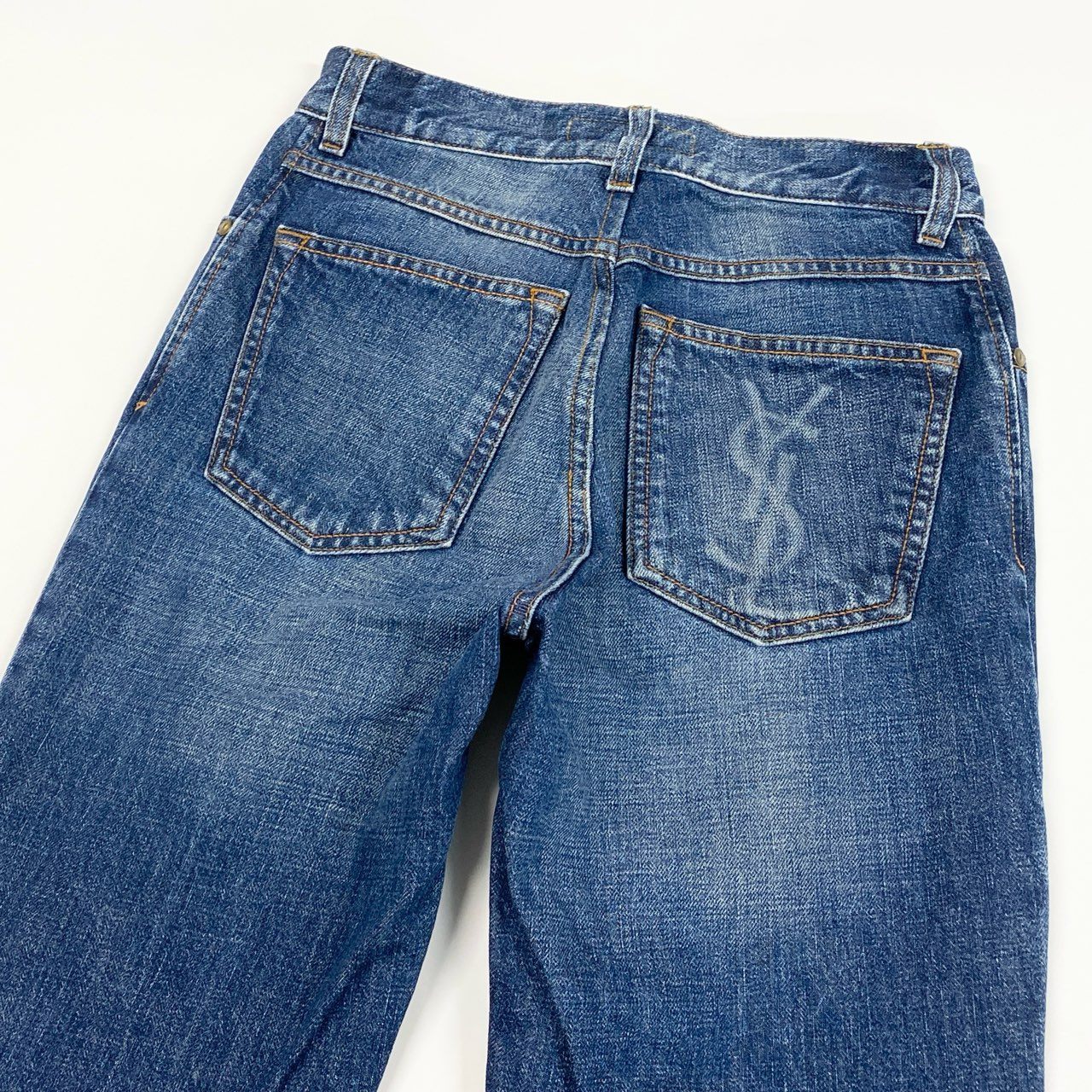 56a14 Yves Saint Laurent ヴィンテージ イヴサンローラン YSLロゴ バックポケット フレアデニム デニムパンツ サイズ44 インディゴ コットン100 レディース 女性用 ボトムk02i