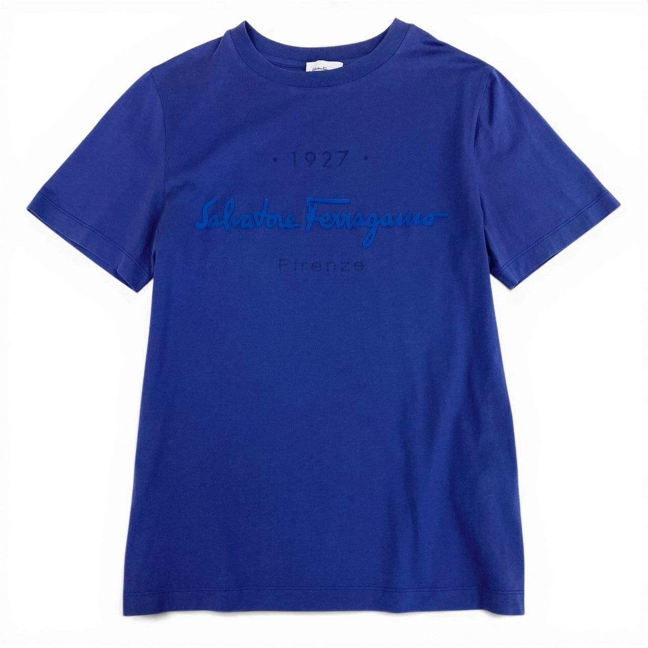 Ic27 Salvatore Ferragamo サルヴァトーレフェラガモ ブランドロゴTシャツ 半袖Tシャツ  コットンシャツ トップス イタリア製 Sサイズ ブルー コットン100％ レディース 女性用u02t