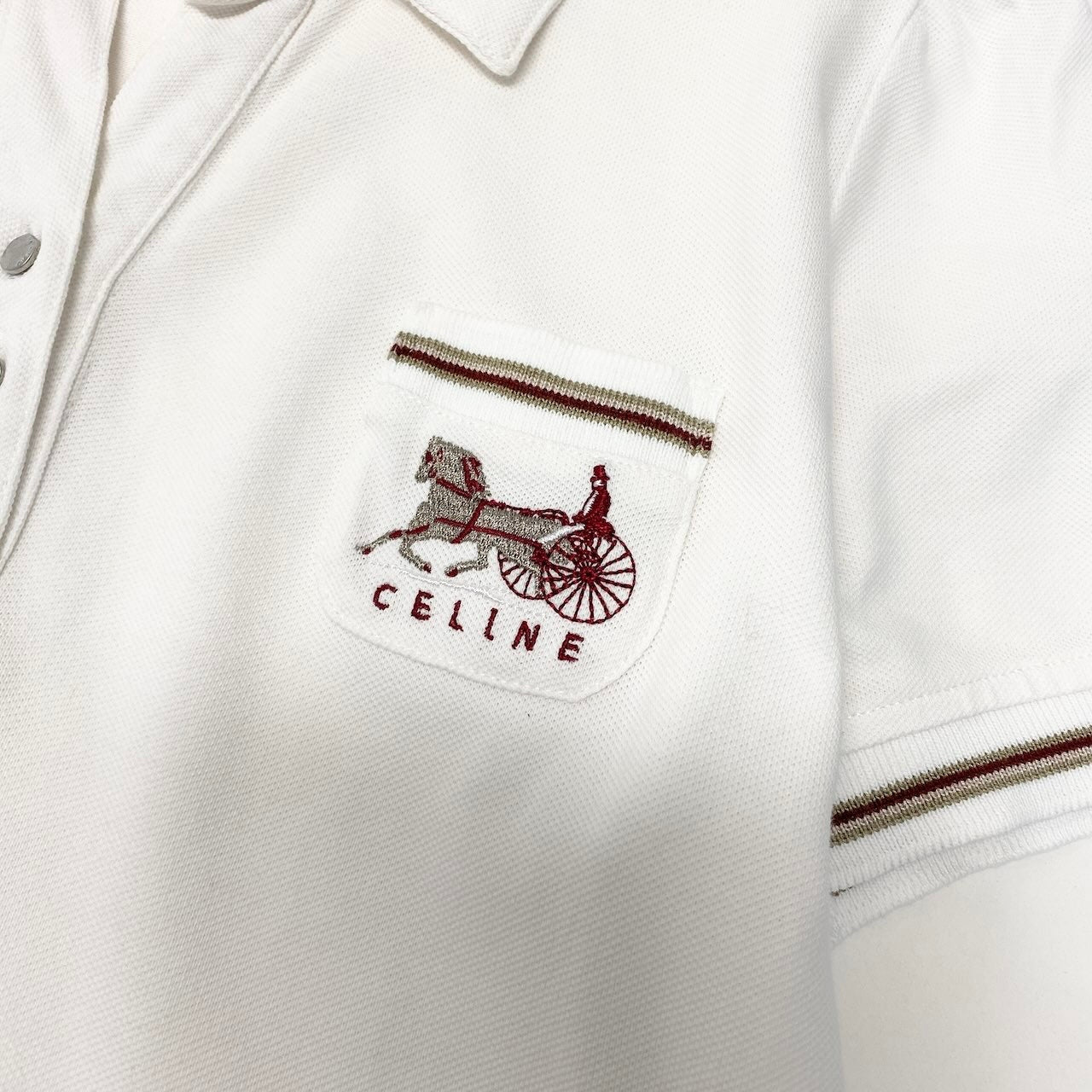 e10 CELINE 半袖ポロシャツ 馬車ロゴ刺繍 パフスリーブ Mサイズ ホワイト レディース 女性用k02i