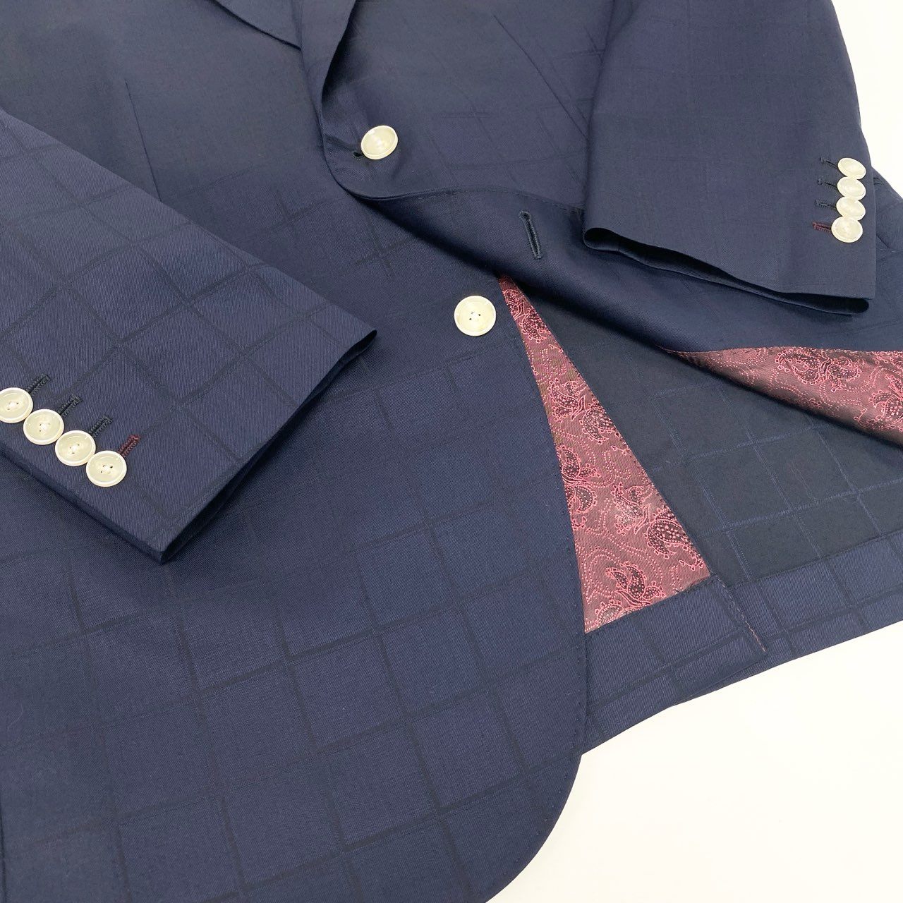 19k27 GINZA Global Style 銀座グローバルスタイル SCABAL スキャバル生地使用○ セットアップスーツ シングル 2B チェック柄 裏地ペイズリー柄  ネイビー ウール100％u02t