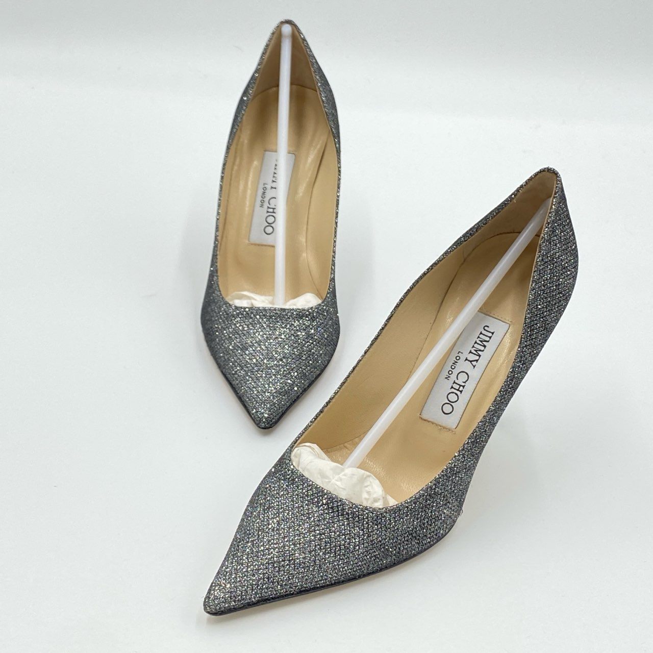 5h29《極美品》定価￥75.900 JIMMY CHOO ジミーチュウ AGNES アニエス グリッター パンプス 34 1/2 シルバー ラメ 結婚式 パーティ セレモニー 箱 保存袋t18r