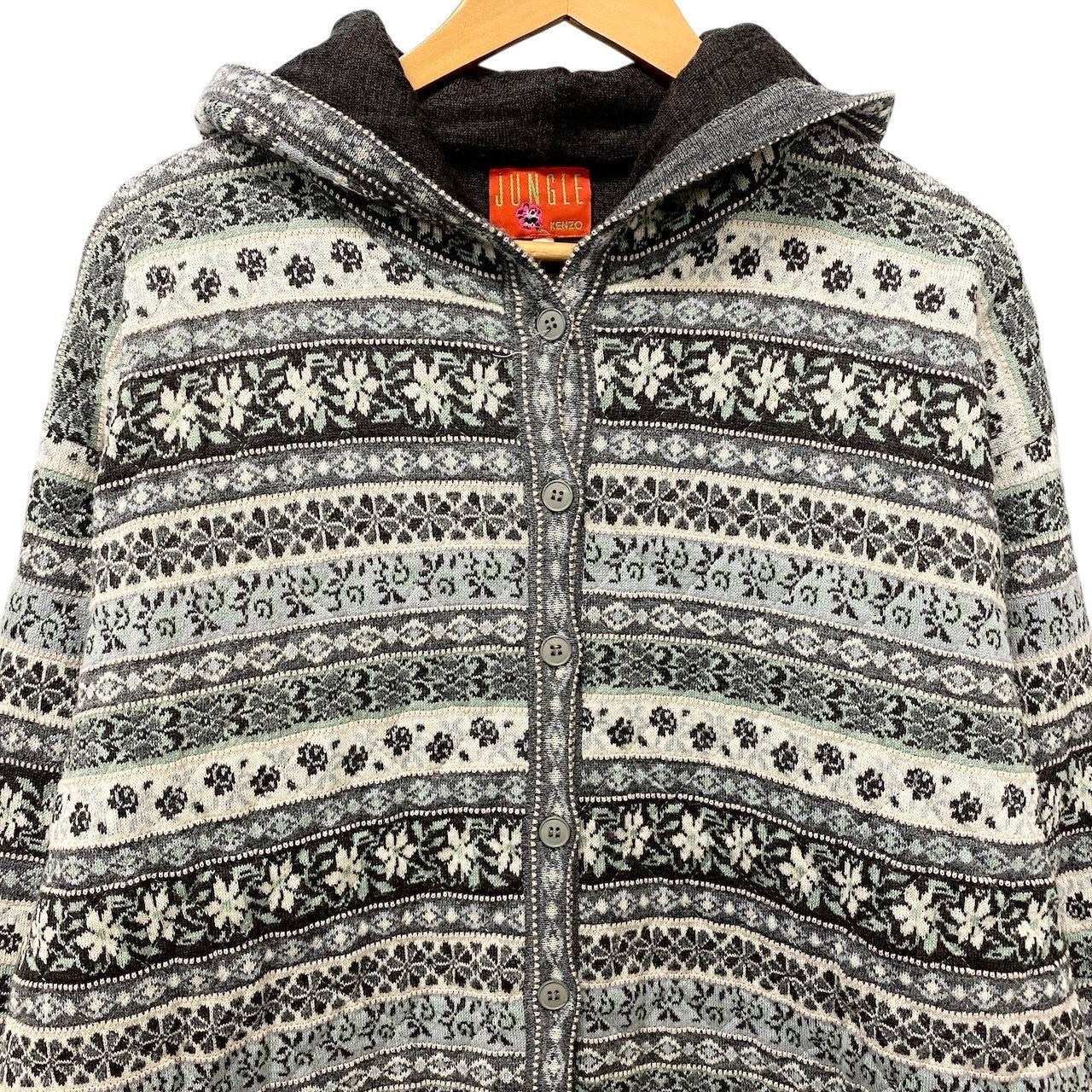 74e18 KENZO jungle ケンゾー フーディーニットロングカーディガン パーカー キルティング 花柄 総柄 Mサイズ グレー系 レディース 女性用u02t