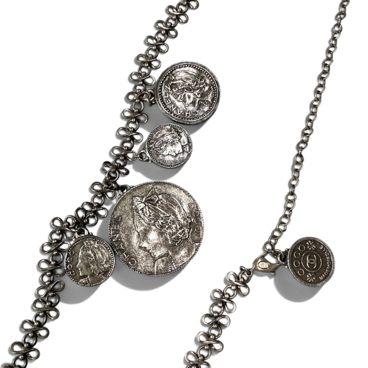 h20【美品】CHANEL 2003年 03P ヴィンテージ チェーンベルト ネックレス 大ぶり グレー レディース 女性用ta1