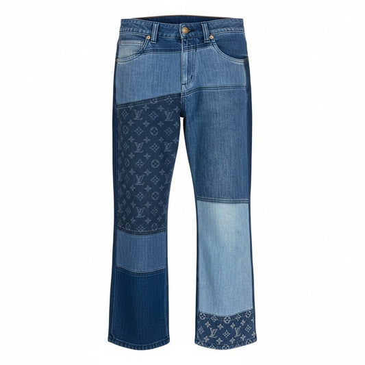 Ia15 LOUIS VUITTON ルイヴィトン モノグラム切替 クロップドデニムパンツ ジーンズ サイズ36 インディゴ レディース ボトムta1