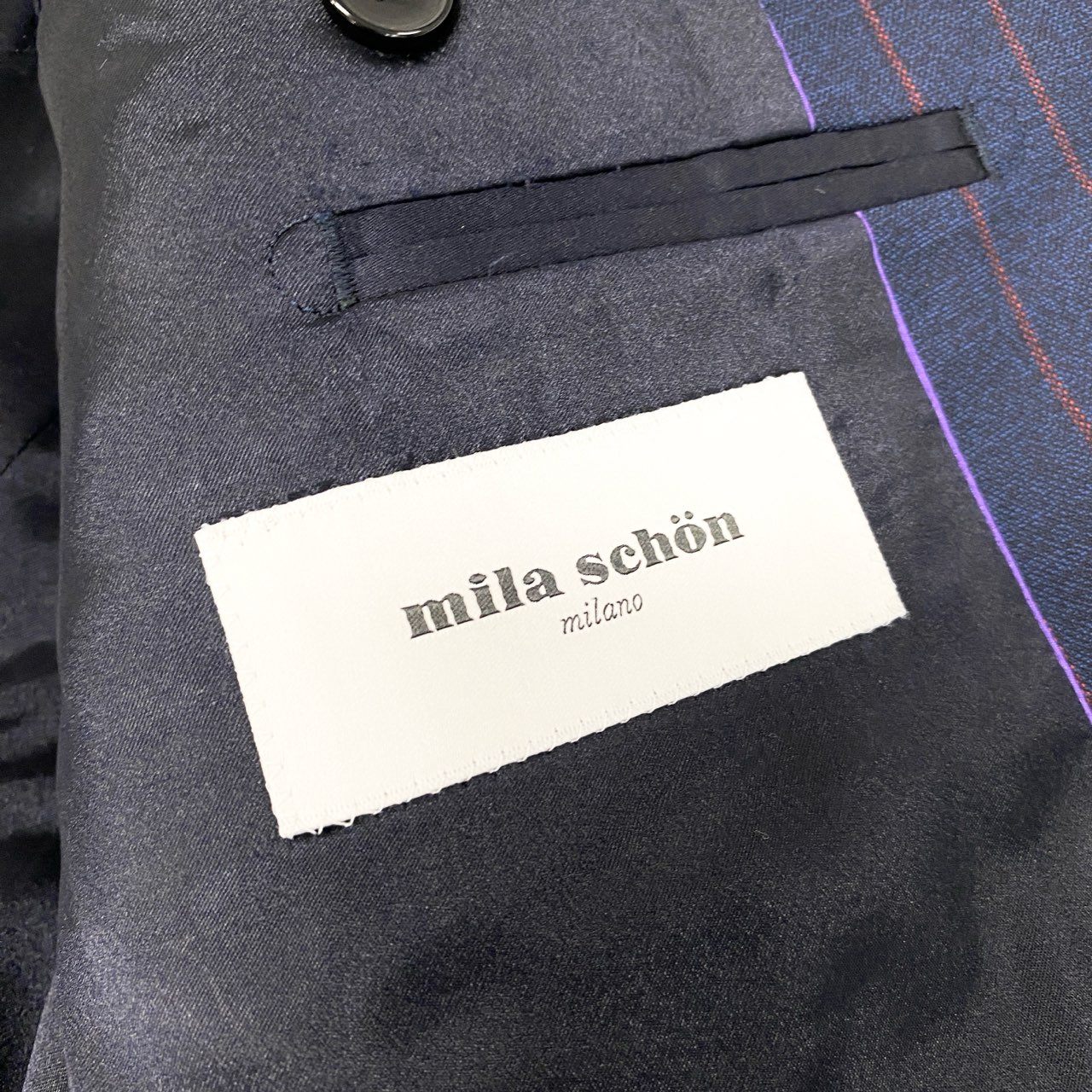 61k28 mila schon ミラショーン セットアップスーツ 3ピース スリーピース 2B ストライプ柄 ビジネス フォーマル メンズ 紳士服 ネイビー ウール100％u02t