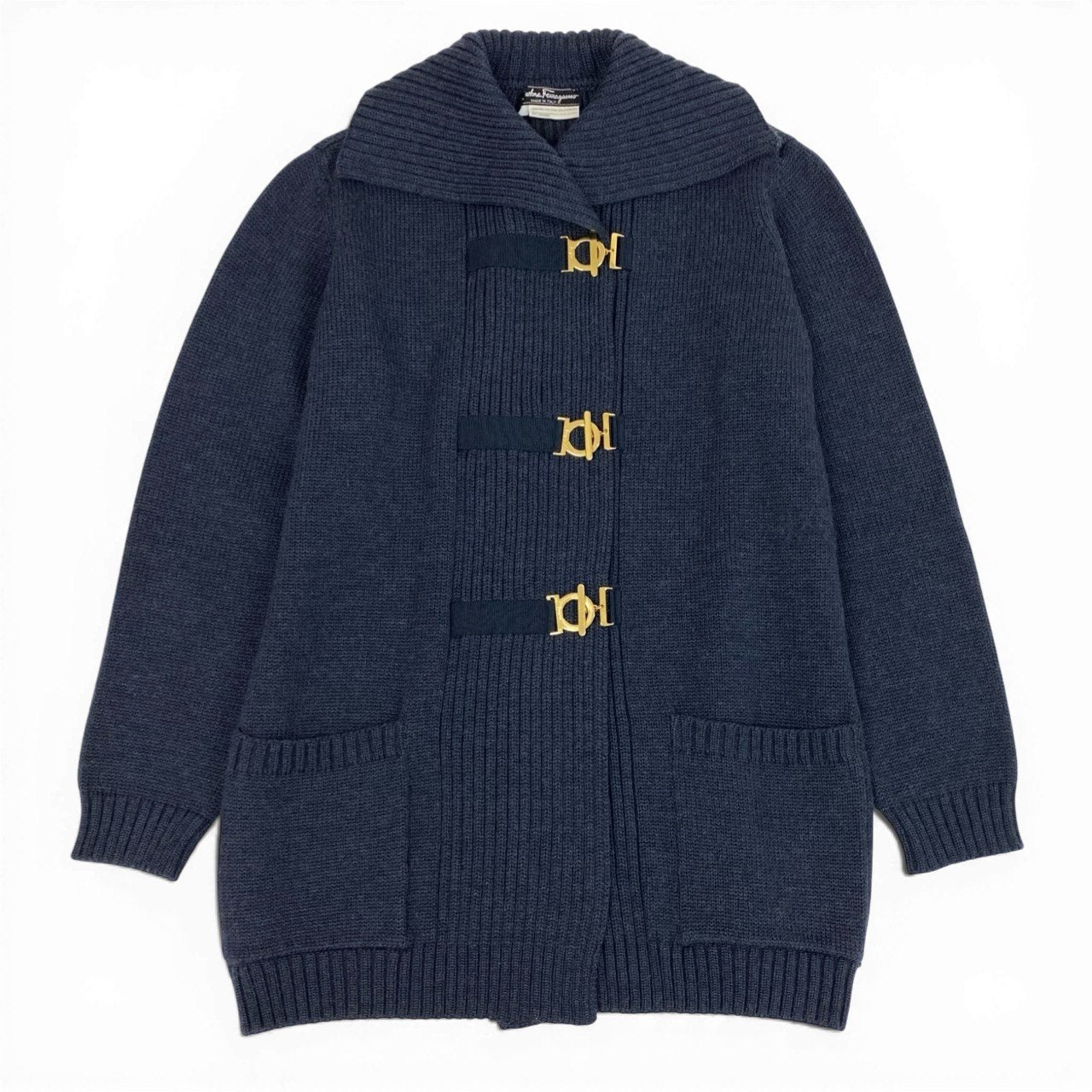 52b27 Salvatore Ferragamo サルヴァトーレフェラガモ ガンチーニ ニットカーディガン ロングカーディガン S ネイビー ウール レディースu02t