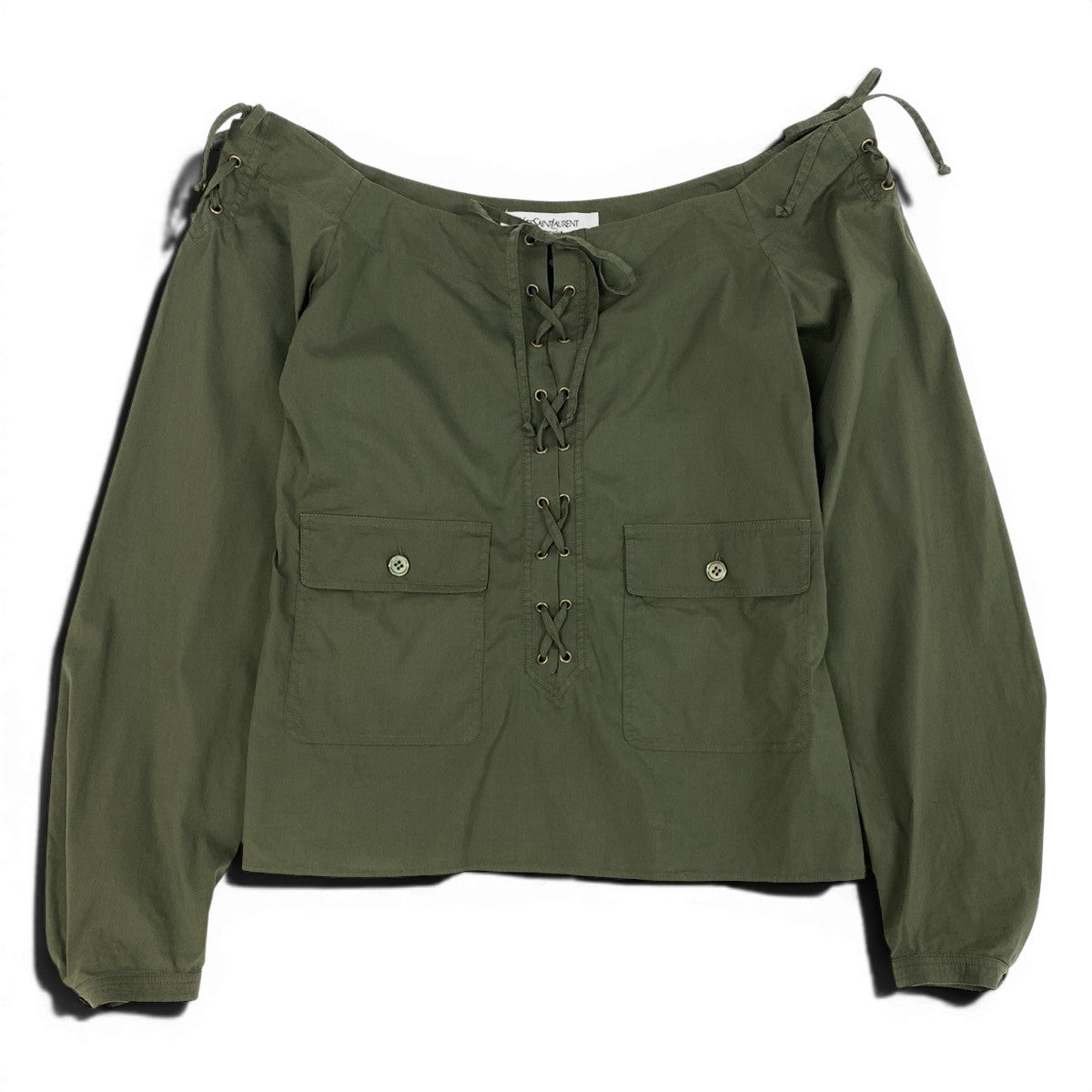 Ae19  YVES SAINT LAURENT イヴサンローラン トムフォード期 レースアップ オフショルダーカットソー カーキ レディース 女性服u02t