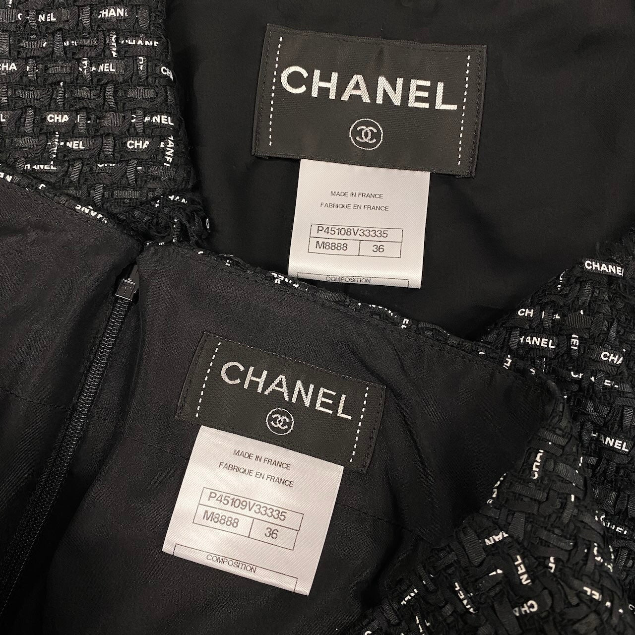 Cc31 《極美品》 CHANEL シャネル ロゴリボンテープ ルサージュ ダブルツイード セットアップ Logo Ribbon Lesage Double Tweed Setup P45108 サイズ36 ブラックt18r