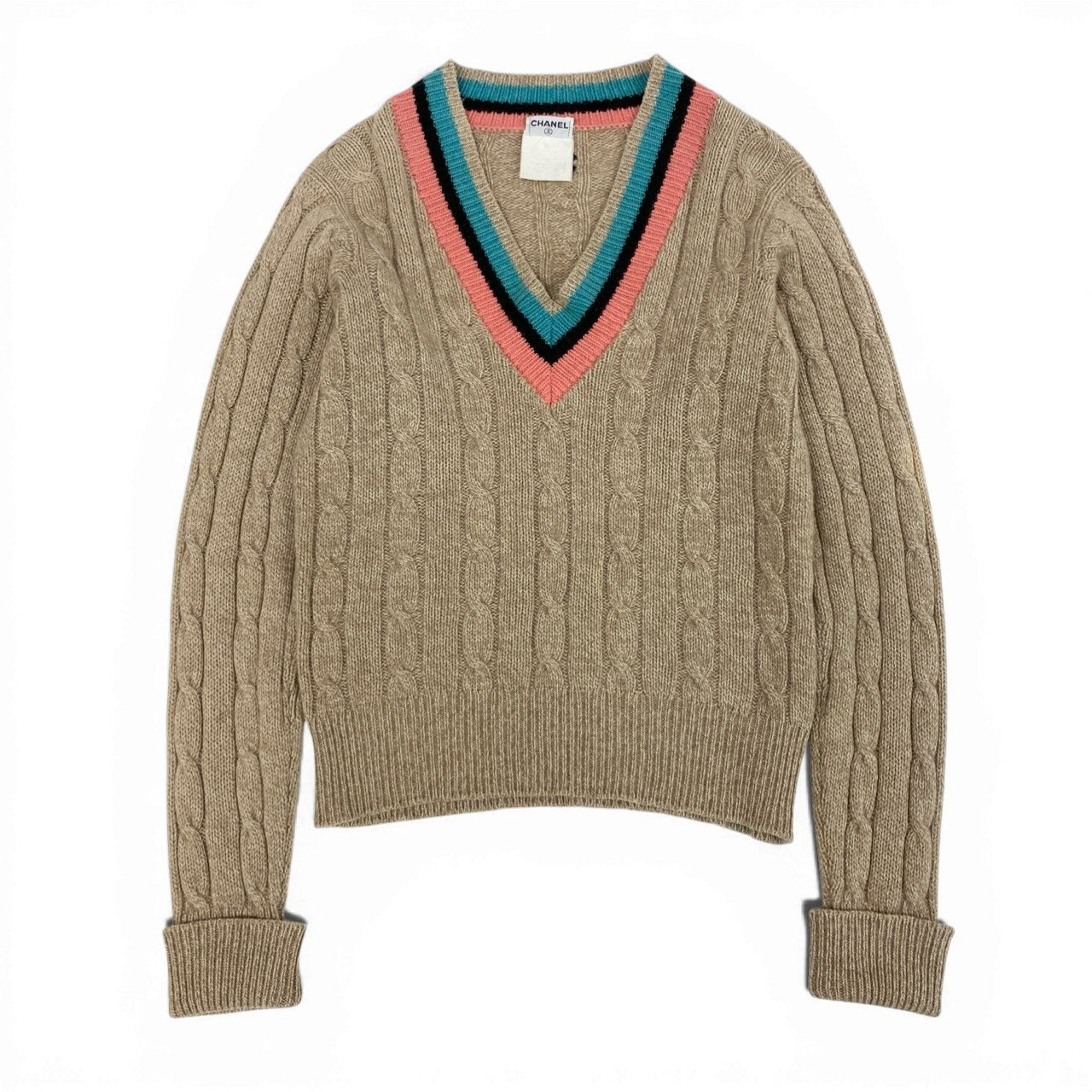 60b9 【美品】CHANEL シャネル 1996 カシミヤ スクールニット ロングスリーブニットセーター ココマーク PO8766W02335 42サイズ ベージュ レディース 女性用k02i