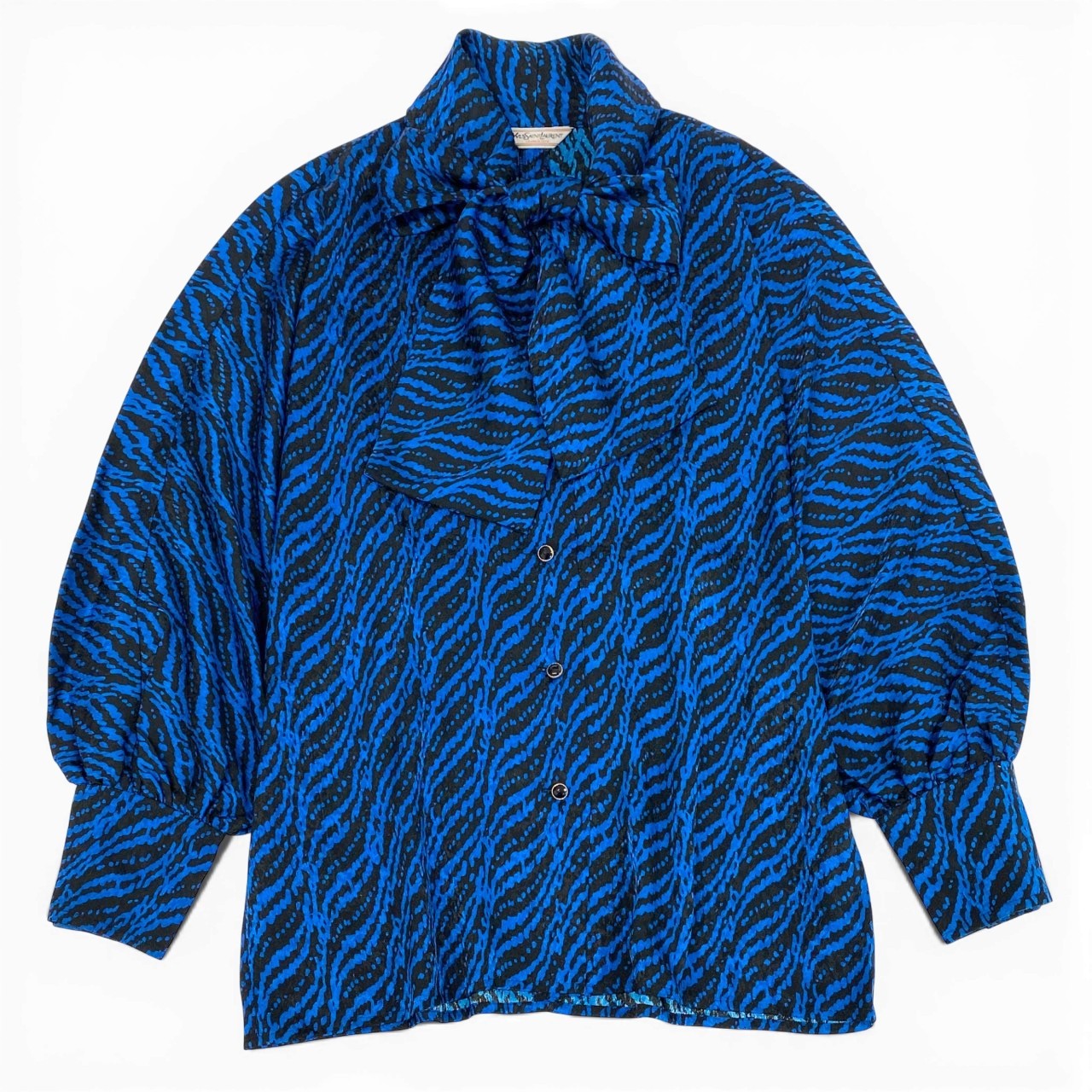 46a30 Vintage Yves Saint Laurent ヴィンテージ イヴサンローラン YSL ブラウス ボウタイシャツ  総柄 Blouse Bow Tie Shirt 7 ブルー レディースo07t