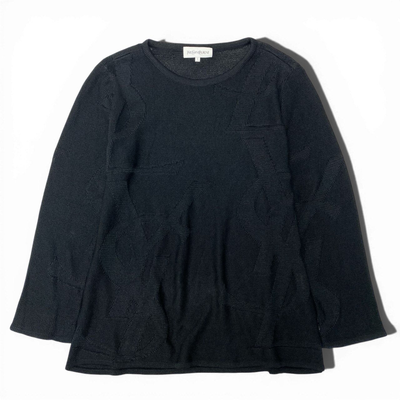 Ic5 YVESSAINTLAURNENT イヴサンローラン ロングスリーブニット エンボスデザイン ニットセーター Lサイズ ブラック レーヨン100％ レディース 女性用o07t
