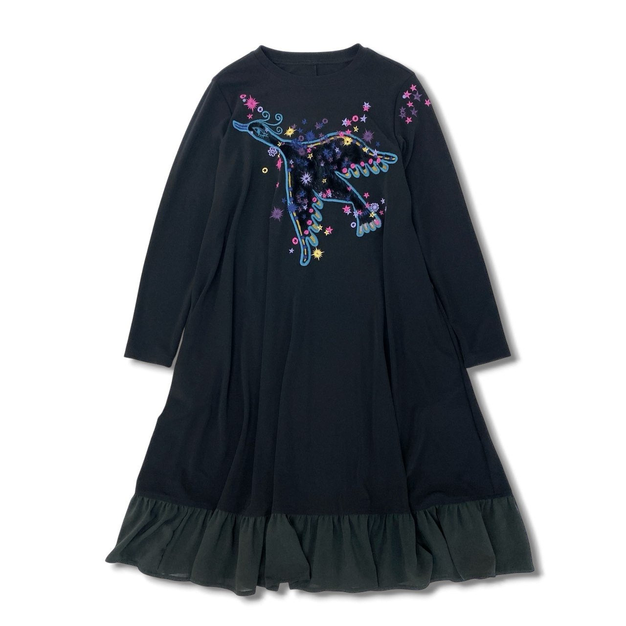 28k29《美品》 TOKUKO 1er VOL トクコプルミエヴォル 長袖 ロングワンピース 裾フリル 鳥 刺繍 ストレッチ○ レディース 女性用 9 ブラックu02t