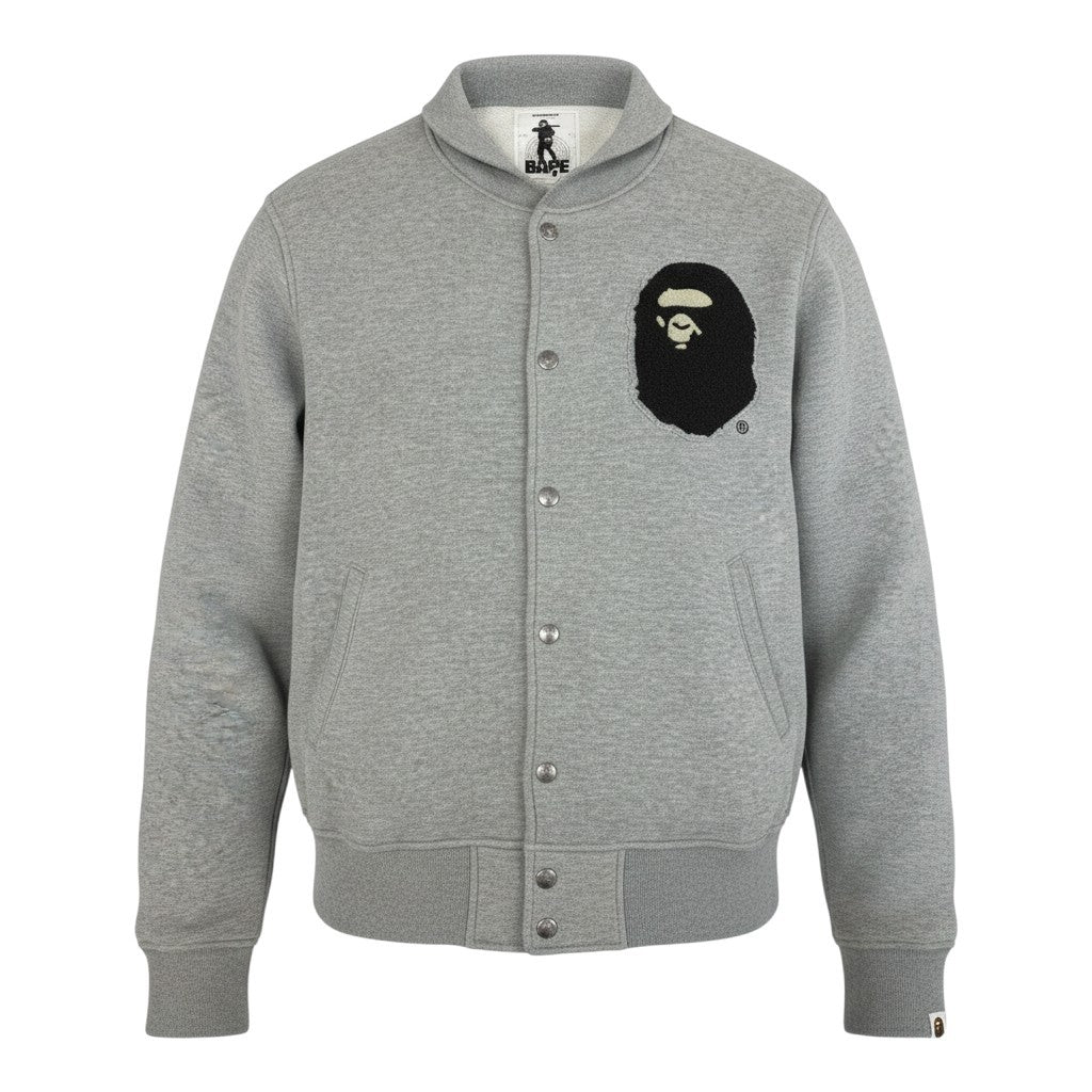Mg19 A BATHING APE アベイシングエイプ NIGO期 00's スウェットスタジャン エイプヘッド ワッペンロゴ  XL グレー コットン100％ メンズu02t