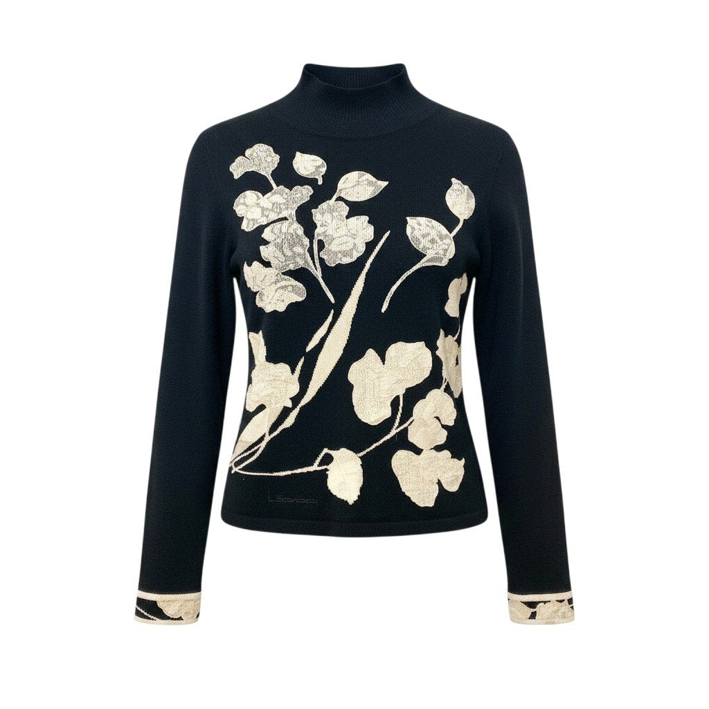 10h31 LEONARD FASHION レオナール タートルネック ニットセーター スパンコール レース装飾 花柄 サイズL ブラック レディースu02t