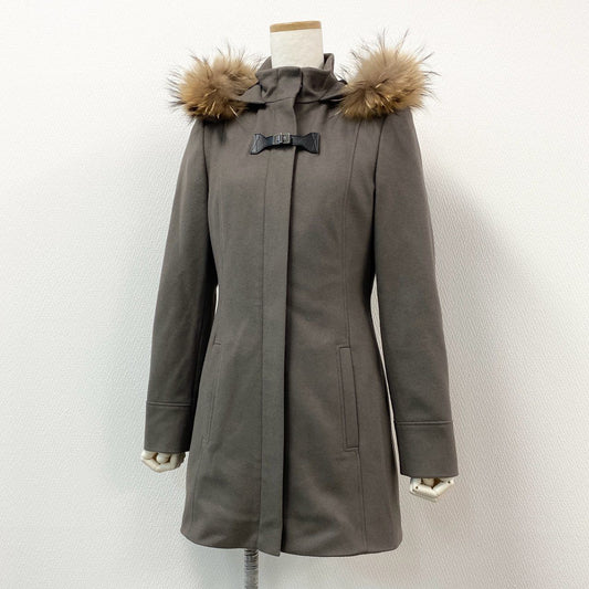 81h7《極美品》HUGO BOSS ヒューゴボス ウールコート  ラクーンファー フラップベルト 34 ブラウン  レディースk02i