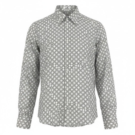 Md21 HERMES エルメス 長袖ダウンボタンシャツ コットンシャツ セリエボタン袖 総柄 フランス製 41/16サイズ ホワイト グレー コットン100％ メンズ 男性用t18r