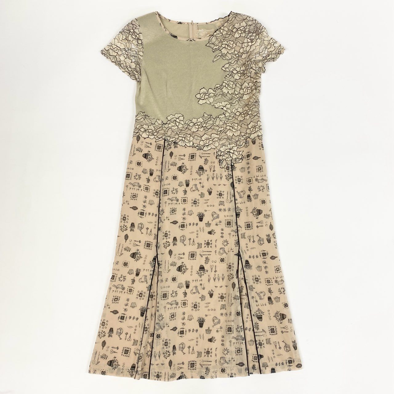 60j27 Roosa ロッサ 半袖ワンピース ロングワンピース ニット レース 総柄 44サイズ ベージュ ブラック レディースu02t