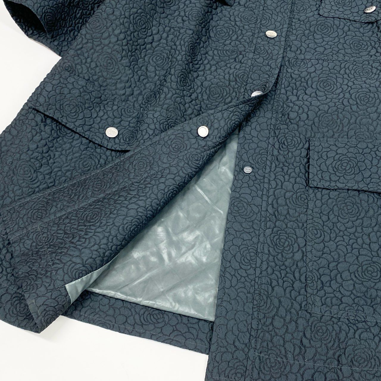 65b10【美品】CHANEL シャネル 2014 カメリア ココマーク スタンド襟 ジャケットコート P46220V33837 38サイズ ネイビー レディース 女性用k02i