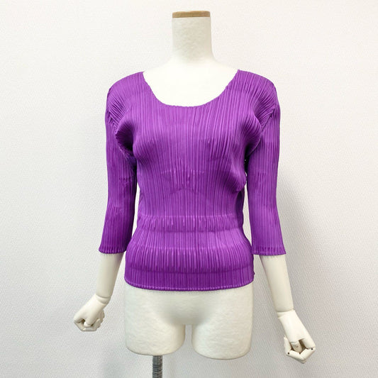 41h24《美品》 PLEATS PLEASE プリーツプリーズ イッセイミヤケ エンボス加工 星柄 プリーツカットソー トップス PP81-JK143 サイズ3 パープル ポリエステル レディースu02t
