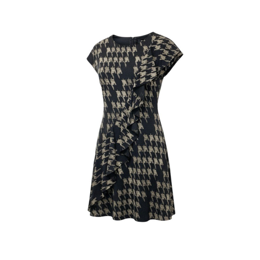 15c3 【美品】 SHISENDO TOMO COLLECTION 詩仙堂 フレンチスリーブワンピース 膝丈 アシンメトリーデザイン 総柄プリント ちりめん レディース 女性服 ブラック ポリエステル100％u02t