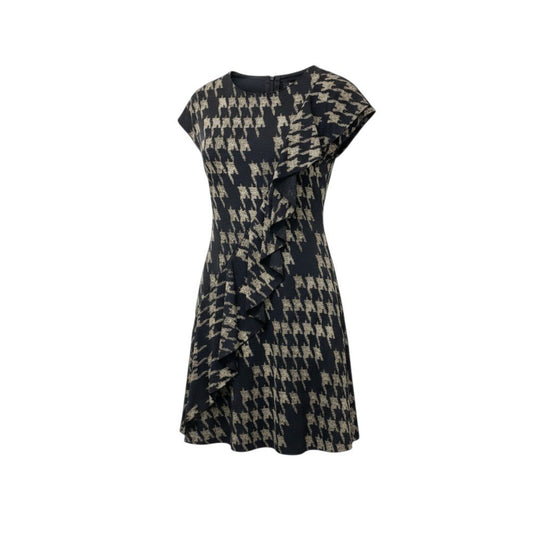 15c3 【美品】 SHISENDO TOMO COLLECTION 詩仙堂 フレンチスリーブワンピース 膝丈 アシンメトリーデザイン 総柄プリント ちりめん レディース 女性服 ブラック ポリエステル100％u02t