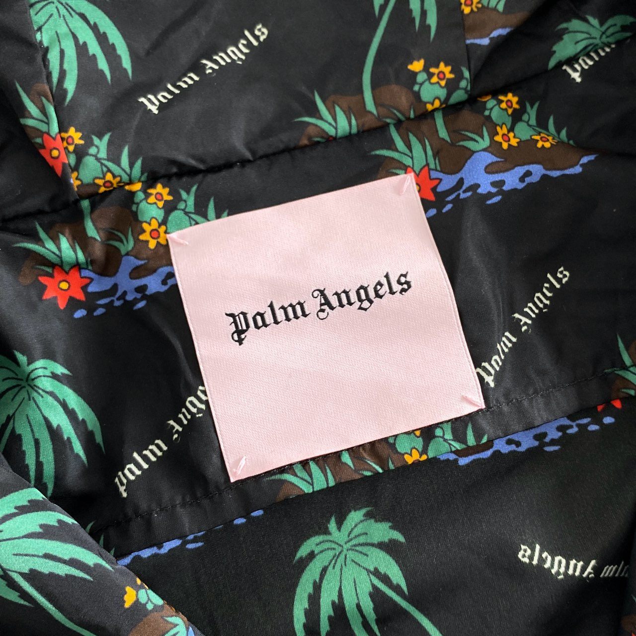 59e11 Palm Angels パームエンジェルス ボタニカル柄 ナイロンジャケット ジップアップブルゾン フーディ PMEB006S18363035 XSサイズ ブラック ポリアミド