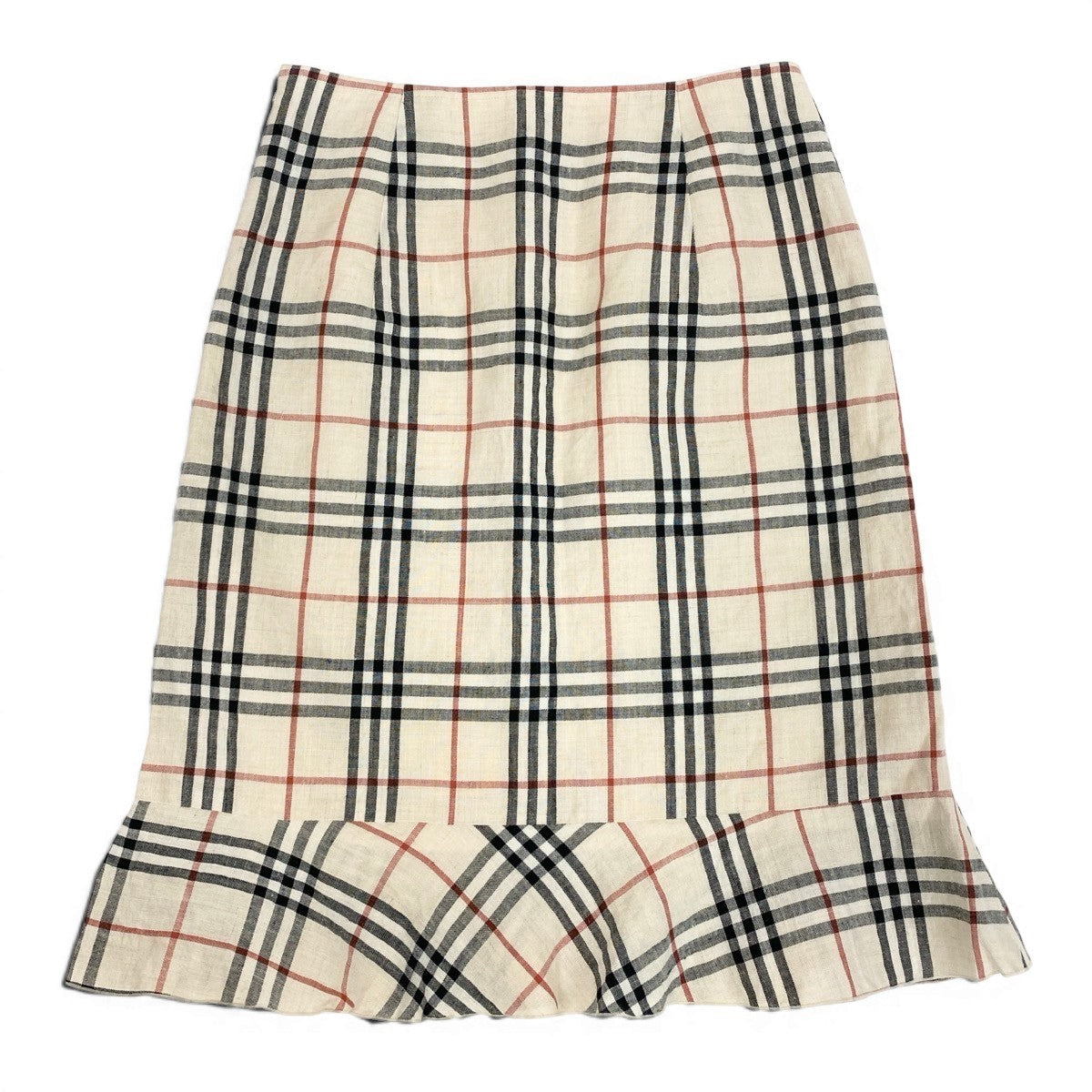 Ig19 BURBERRY LONDON BLUE LABEL バーバリーロンドン ブルーレーベル ノバチェック 裾フリル 膝丈スカート リネンブレンド サイズ38 ベージュ レディースo07t