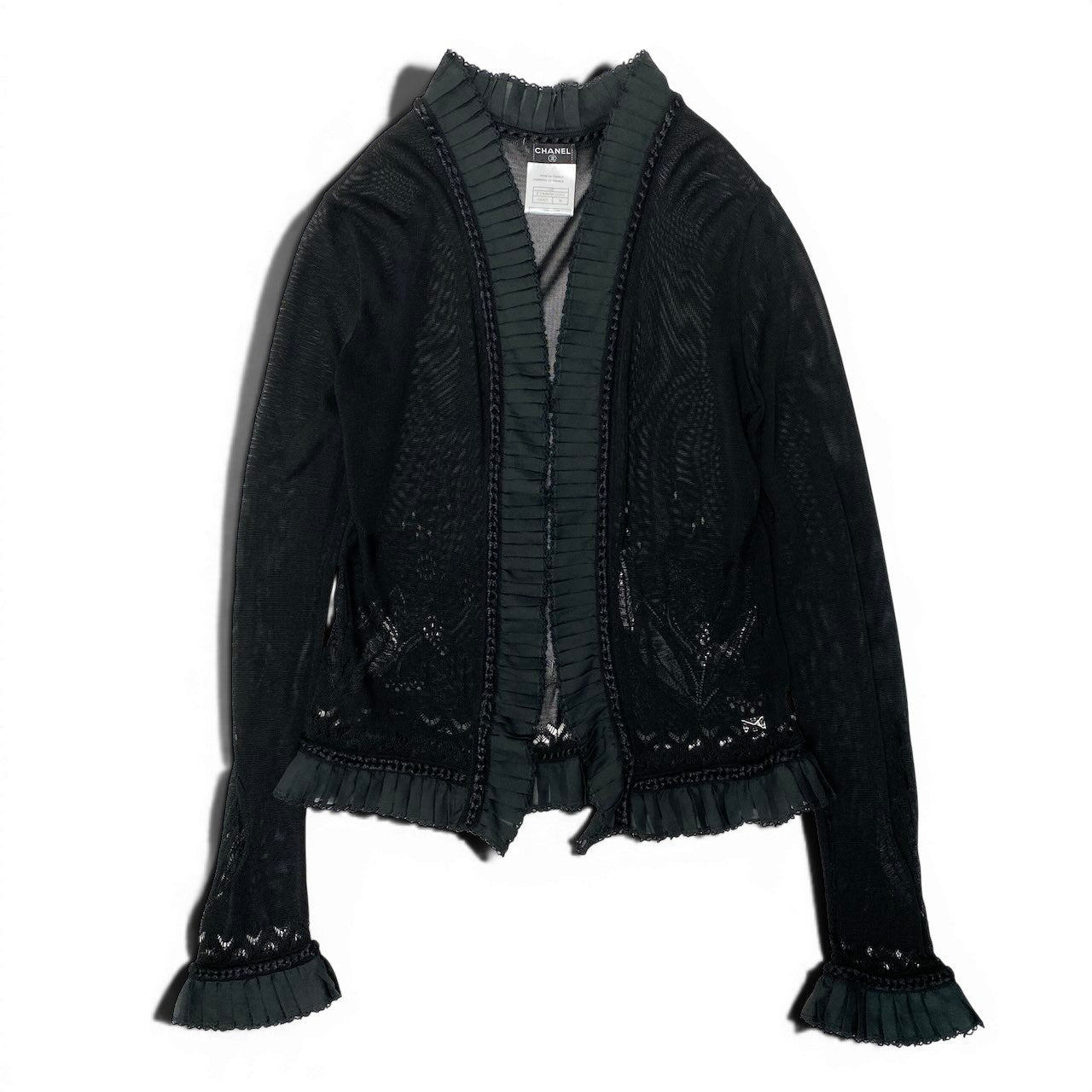 e8 CHANEL 2004SS ニットカーディガン ボレロ レース 花柄 P23080 36サイズ ブラック レーヨン100％ レディース 女性用k02i