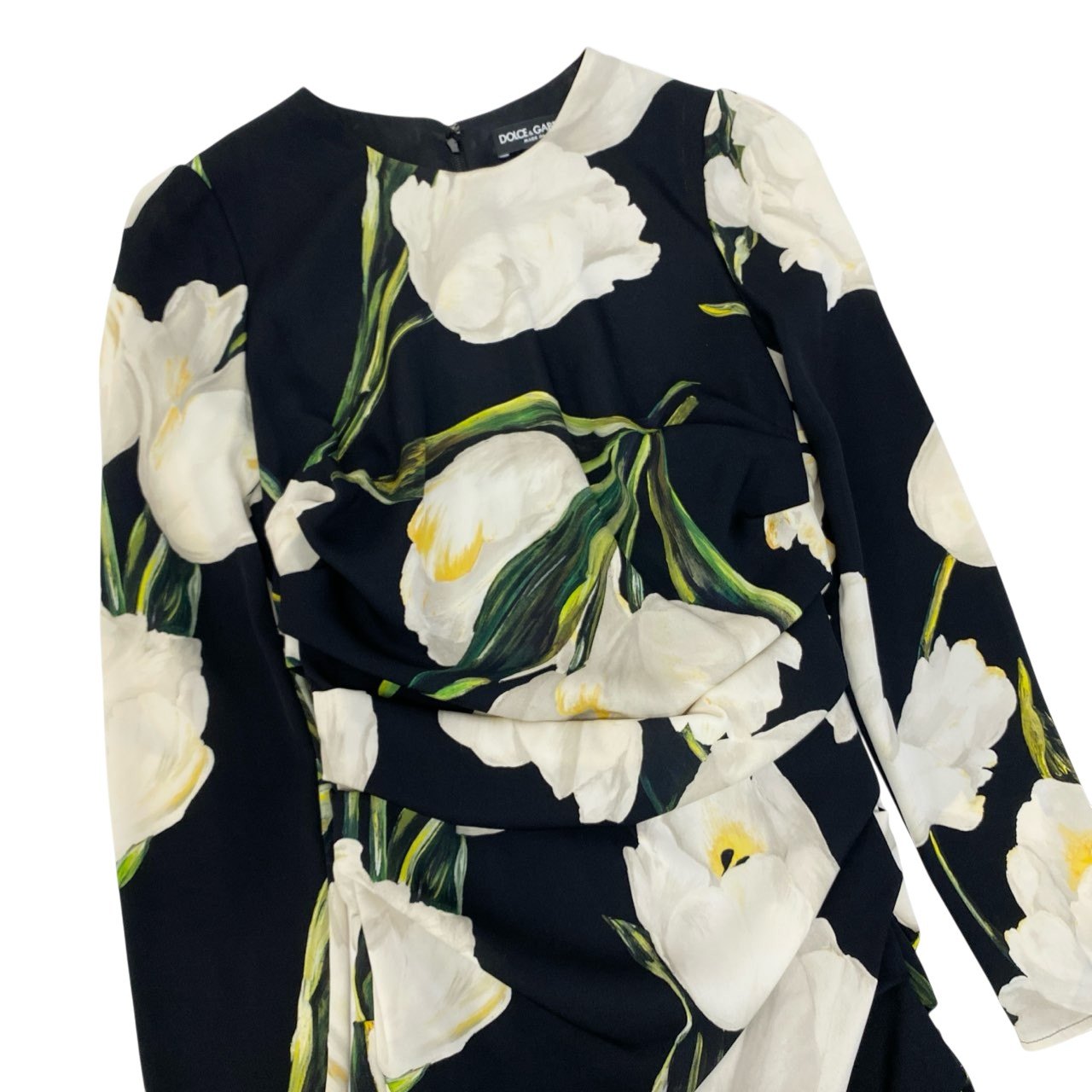 13c5 DOLCE＆GABBANA ドルチェアンドガッバーナ ドレスワンピース ロングワンピース 花柄 フラワー 長袖 36 ブラック ホワイト シルク レディースu02t