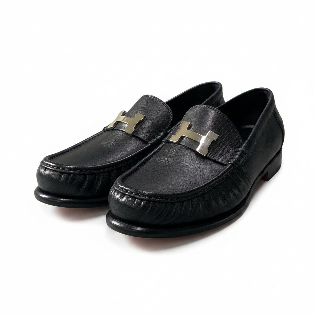 【美品】 HERMES エルメス モカシン カルロ シェーヴル パリバックル サイズ43 ブラック レザー メンズ 紳士靴k02i