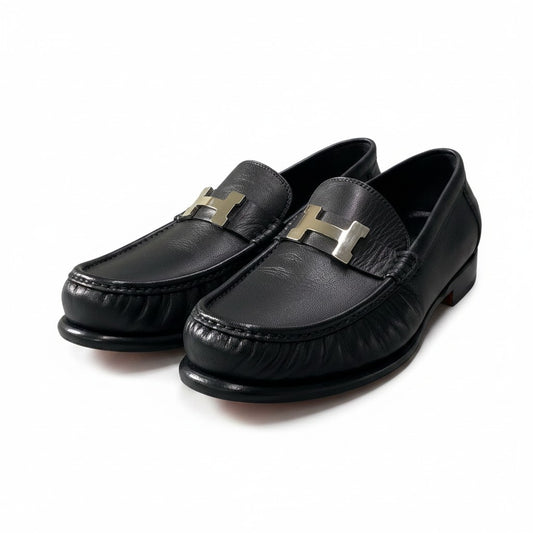 【美品】 HERMES エルメス モカシン カルロ シェーヴル パリバックル サイズ43 ブラック レザー メンズ 紳士靴k02i